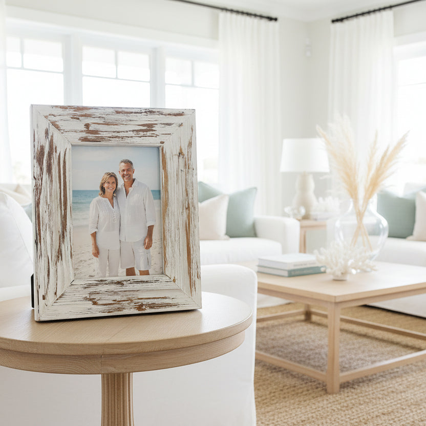 Framed beach scene with a house on a hill, inside a distressed white frame.