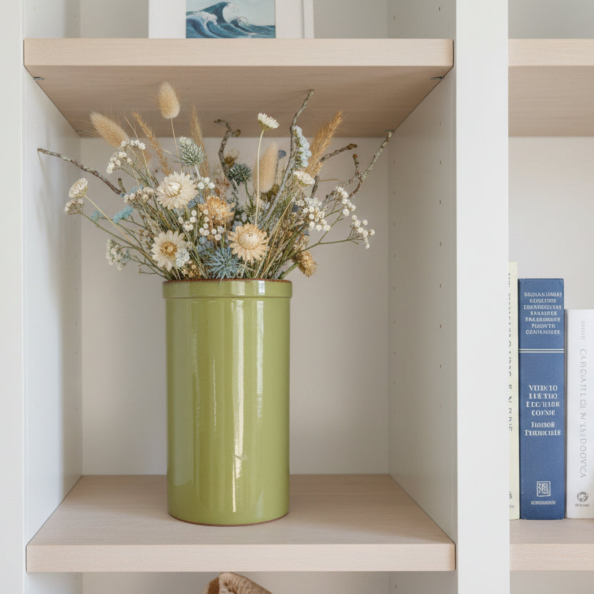 Green cylindrical container on a white background